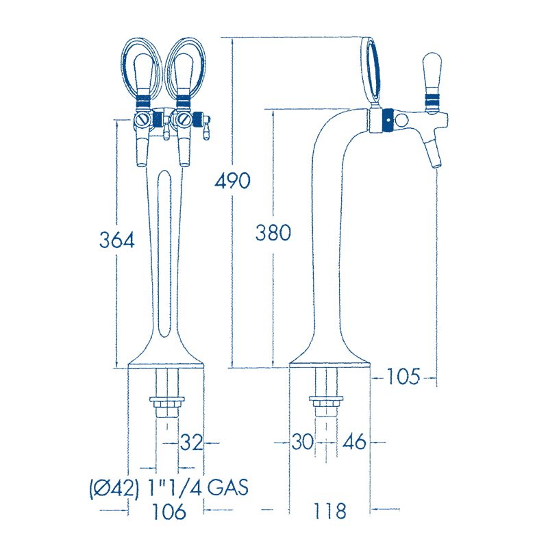 Polished chrome or golden tap column with 2 outlets 502