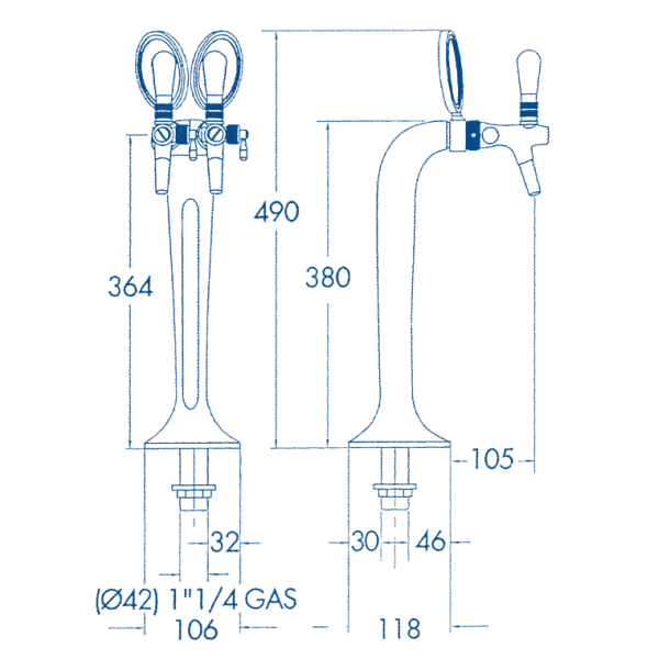 Polished chrome or golden tap column with 2 outlets 502